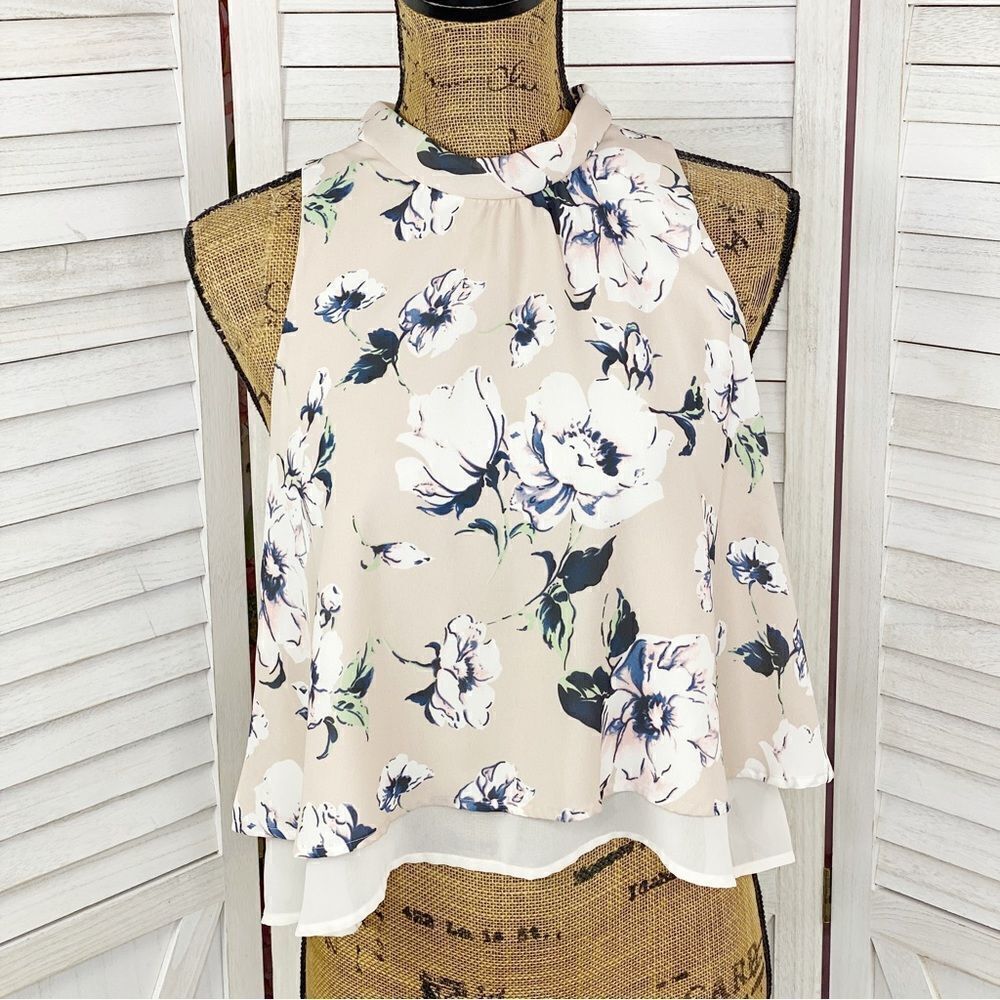 Astr the Label Floral Chiffon‎ Layered Split Black Crop Blouse Blush XS